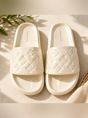 Lemonade Cream Monogram Embossed Slide Sandals | Designer Inspired Summer Slides